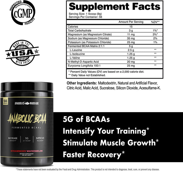 Anabolic Warfare Anabolic BCAA Powder Supplement Bcaas Amino Acids to Fuel Your Workout and Support Muscle Recovery (Strawberry Watermelon - 56 Servings)