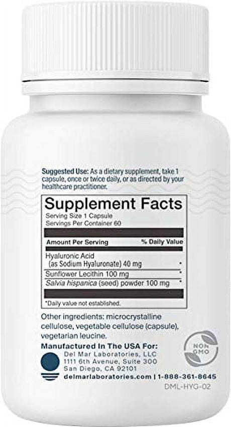 Del Mar Labs Hydraglo - Dietary Hyaluronic Acid Supplement - Aging and Joint Health Support - Helps Restore Smooth, Supple Skin - 60 Veggie Capsules