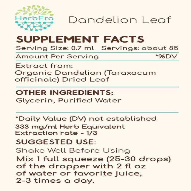 Dandelion Leaf Alcohol-Free Herbal Extract Tincture, Super-Concentrated Organic Dandelion (Taraxacum Officinale) Dried Leaf 2 Oz