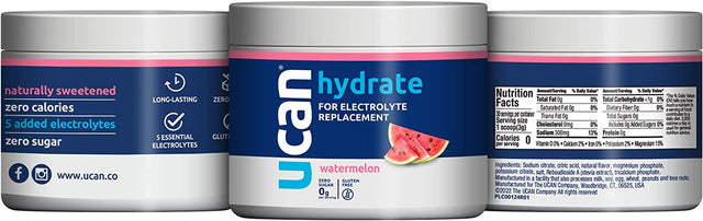 UCAN Hydrate Electrolyte Drink Mix, Watermelon, Sugar-Free Hydration Powder, Keto, Non-Gmo, Vegan, All Natural, Gluten-Free, 30 Servings (3.15 Ounces)