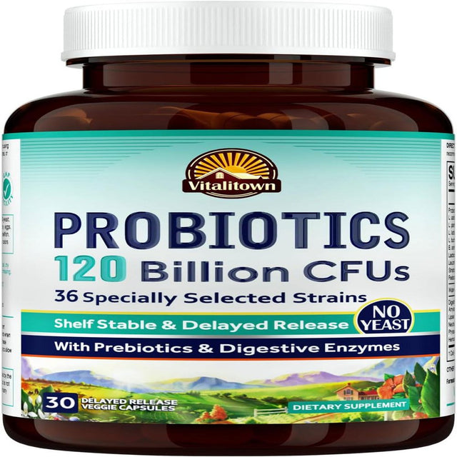 VITALITOWN Probiotics 120 Billion Cfus , 36 Strains, with Prebiotics & Digestive Enzymes for Men Women , Shelf Stable , Digestive & Immune Support , Vegan, Non-Gmo , 30 Delayed Release Veg Caps