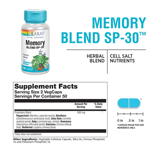 Solaray Memory Blend SP-30 | Herbal Blend W/ Cell Salt Nutrients to Help Support Memory, Concentrate & Focus | Non-Gmo, Vegan | 50 Servings | 100 Vegcaps