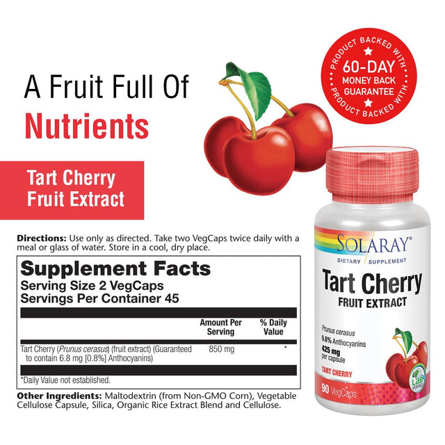 Solaray Tart Cherry Fruit Extract 425Mg | Supports Healthy Uric Acid Levels W/ Antioxidants & Anthocyanins | Non-Gmo & Vegan | 90 Vegcaps