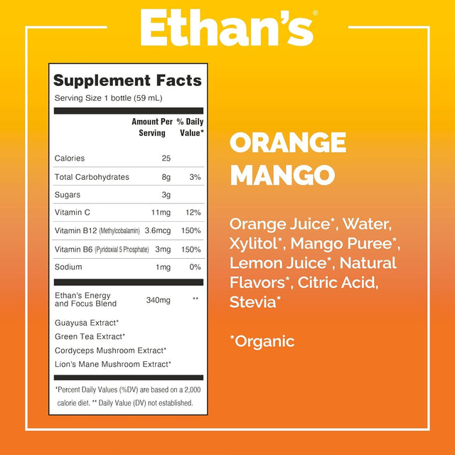 Ethan'S Organic Clean Energy Shots Orange Mango, Sugar Free Natural Pre-Workout Focus Boost, Gluten Free, Vegan, B6 & B12 Vitamin C with Green Tea Extract and Guayusa (24 Pack of 2Oz Shots)