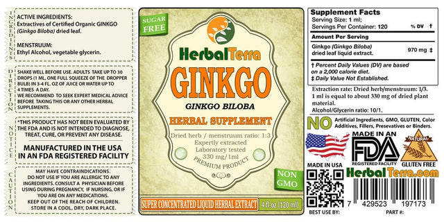 Ginkgo (Ginkgo Biloba) Tincture, Organic Dried Leaves and Nuts Liquid Extract (Herbal Terra, USA) 32 Oz