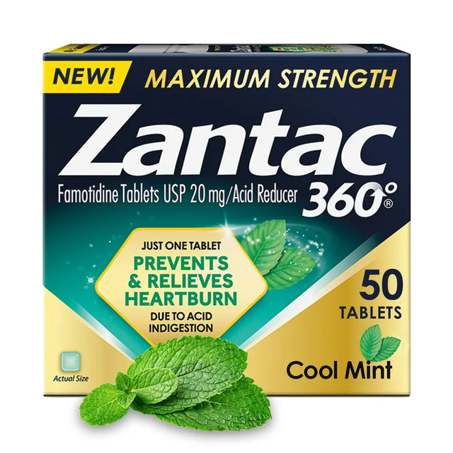 Zantac 360 Maximum Strength Prevents & Relieves Heartburn Cool Mint 20Mg Tablets /Acid Reducer 50Ct