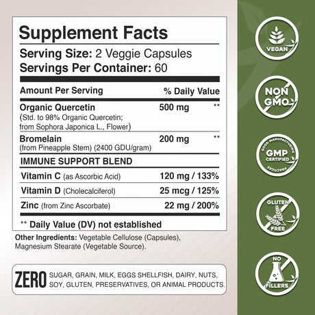 Quercetin with Vitamin C and Zinc - Nettle Quercetin - Quercetin 500Mg - Quercetin with Bromelain - Zinc Quercetin + Vitamin D3 - 240 Veggie Caps - (Non-Gmo, Gluten-Free, Vegan) 4 Month Supply