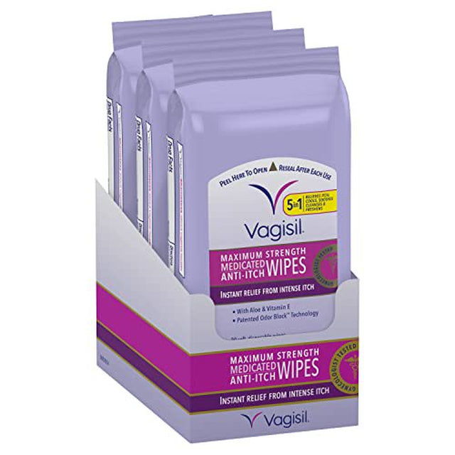 Vagisil Anti-Itch Medicated Feminine Vaginal Wipes, Maximum Strength, Instant Relief, Pack of 3 - 60 Wipes Total (Packaging May Vary)