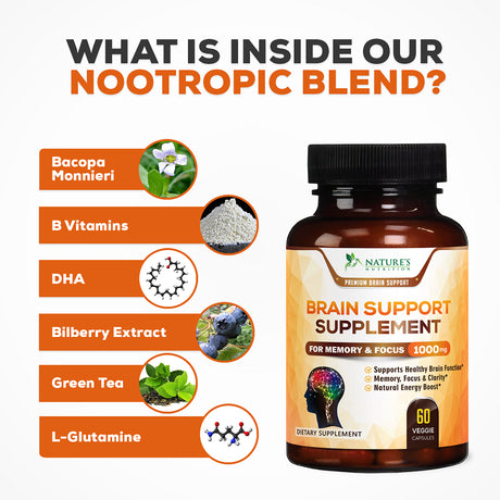 Nature'S Nutrition Brain Booster Nootropic Supplement 1000Mg Memory & Clarity, 120 Capsules