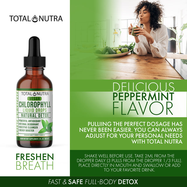 Total Nutra Mint Flavored Liquid Chlorophyll Drops – Helps to Eliminate Body Odor, Liver Detox- Immune Support - Vegan Drop from Mulberry Leaves - 2 Oz.