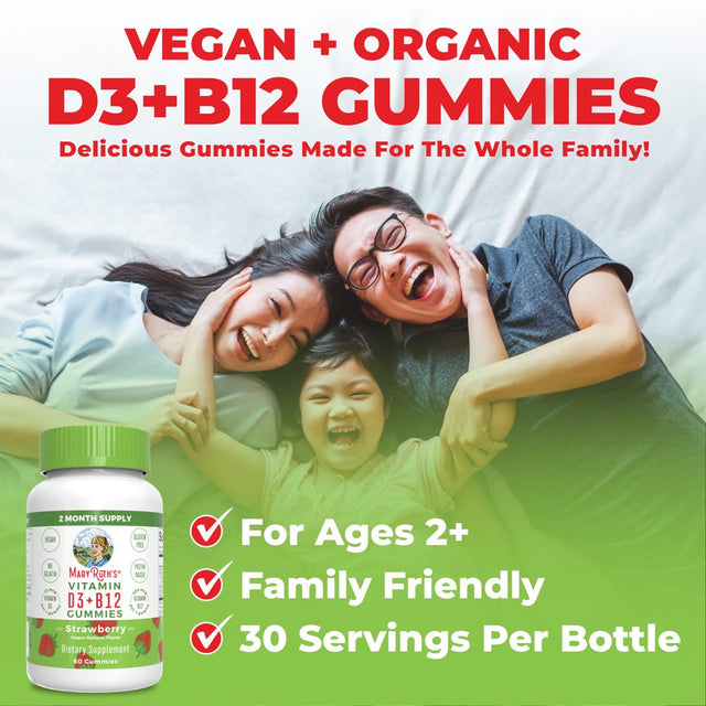 Maryruth Organics | Vitamin D3 + Vitamin B12 for Adults & Kids | Bone Health & Energy Boost | Strawberry Flavor | Vegan, Non-Gmo | 60 Servings