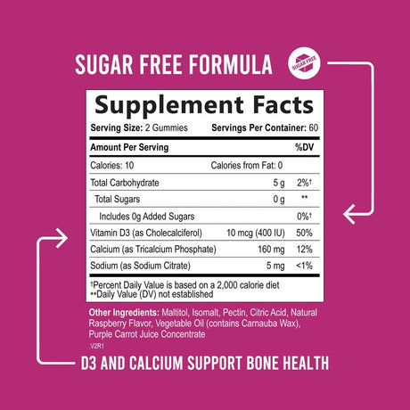 Sugar Free Calcium Gummy Bites plus 400 IU Vitamin D3, Bone Health & Immune Support, Supports Bone Strength - Chewable Calcium Nutrition Supplement, Non-Gmo, Berry Flavor Chews - 120 Gummies