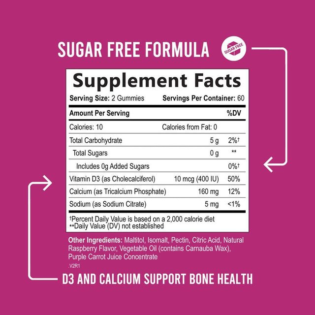 Sugar Free Calcium Gummy Bites plus 400 IU Vitamin D3, Bone Health & Immune Support, Supports Bone Strength - Chewable Calcium Nutrition Supplement, Non-Gmo, Berry Flavor Chews - 120 Gummies