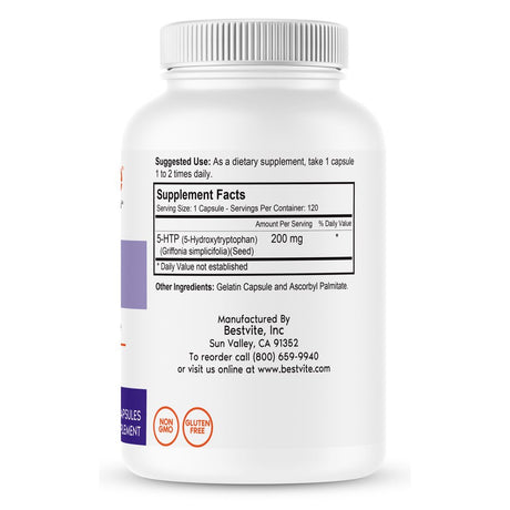 Bestvite 5-HTP 200Mg (120 Capsules) - No Stearates - No Flow Agents - Gluten Free - Non GMO