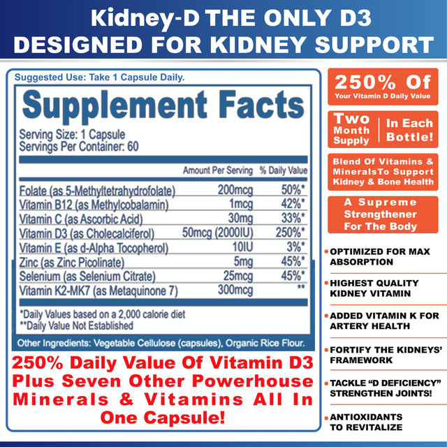 Healthy Kidney Kidney-D Kidney Supplement, Vitamin D3 for Kidney Support, 60 Capsules