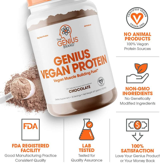 Genius Vegan Protein Powder, Chocolate - Plant-Based Lean Muscle Building Shake for Men & Women - Pea & Pumpkin Protein Sources - Naturally Flavored & Sweetened - Dairy & Lactose Free