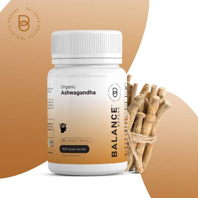 Balancebreens Certified Organic Ashwagandha 1600 Mg with Black Pepper - 120 Vegan Capsules - Stress, Mood, Energy and Thyroid Support Supplement - Non-Gmo Gluten-Free Pills