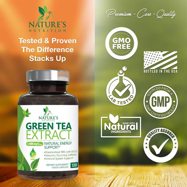 Green Tea Extract Capsules 1000Mg 98% Standardized EGCG - 3X Strength for Natural Energy - Heart Support with Polyphenols - Gentle Caffeine - 120 Capsules