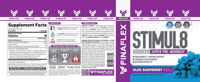 FINAFLEX STIMUL8 Original Super Pre-Workout, Blue Raspberry - Energy, Strength & Endurance for Men & Women - with Caffeine, Beta-Alanine & Vitamin C - 35 Servings