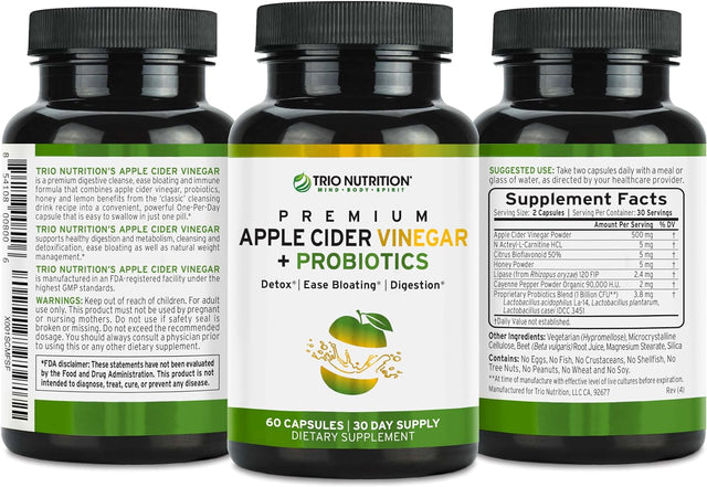 Trio Apple Cider Vinegar Capsules | Maximum Strength Immune Support Booster Formula | Raw & Fresh Natural Apple Cider Vinegar Pills for Cleanse | Detox Boost | Keto & Metabolism Support