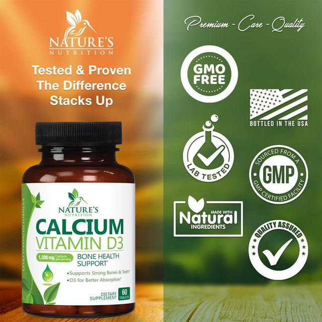 Calcium 1200 Mg plus Vitamin D3, Bone Health & Immune Support - Nature'S Calcium Supplement with Extra Strength Vitamin D for Extra Strength Carbonate Absorption Dietary Supplement - 60 Tablets