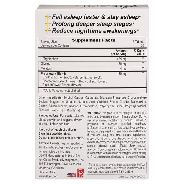 Alteril Sleep Aid Tablets 60Ct, 3 Sleep Aids in One, 5Mg Melatonin, L-Tryptophan & Valerian