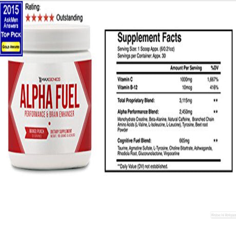 Maxgenics Alpha Fuel Pre Workout Performance Testosterone Booster and Brain Enhancer Supplement 30 Servings