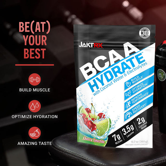 JAKTRX BCAA Hydrate - Premium Branched Chain Amino Acids & Hydration Formula - 7G Bcaas, 2:1:1 Ratio, 3.5G Leucine, 2G Coconut Water, Caffeine-Free, Electrolytes - 30 Servings (360G) - Cherry Limeade