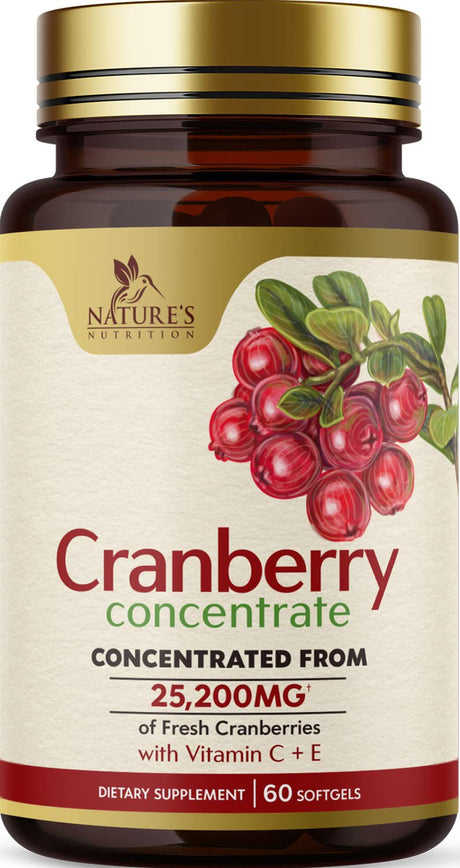 Cranberry Supplement Pills + Extra Strength Vitamin C & E, 25,200Mg Formula Supports Urinary Tract Health Non-Gmo and Gluten Free Nature'S Cranberry Pill Supplement - 60 Softgels