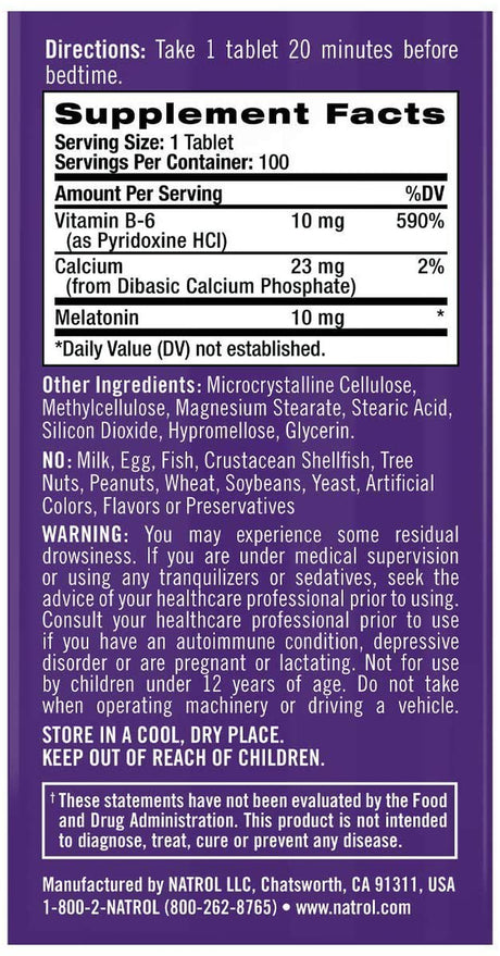 Natrol Melatonin Advanced Sleep Tablets with Vitamin B6, Helps You Fall Asleep Faster, Stay Asleep Longer, 2-Layer Controlled Release, 100% Drug-Free, Maximum Strength, 10Mg, 100 Count