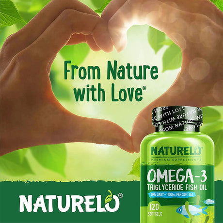 NATURELO Omega-3 Fish Oil Supplement - EPA + DHA - 1100 Mg Triglyceride Omega-3 per Gel - One a Day - for Heart, Eye, Brain, Joint Health - No Burps - Lemon Flavor - 120 Softgels | 4 Month Supply