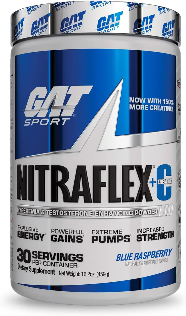 GAT SPORT Nitraflex + C Creatine Pre Workout Supplement for Strength and Endurance, Blue Raspberry, 30 Servings