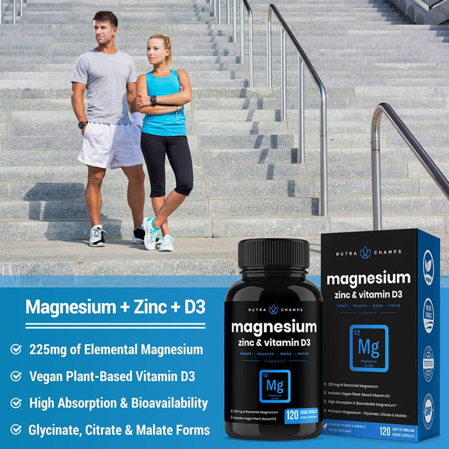 Nutrachamps Magnesium Zinc & Vitamin D3 Supplement - Most Bioavailable Forms; Magnesium Glycinate, Malate, Citrate - Bone, Muscle & Heart Health, Immune Support - 120 Vegan Capsules