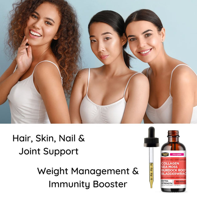 Liquid Collagen Peptides with Sea Moss, Burdock Root & Bladderwrack - High Potency/Absorption Formula. Hair, Skin, Nail + Joint Support. Weight Management & Immunity Booster – Collagen Mojo - 2 Oz.