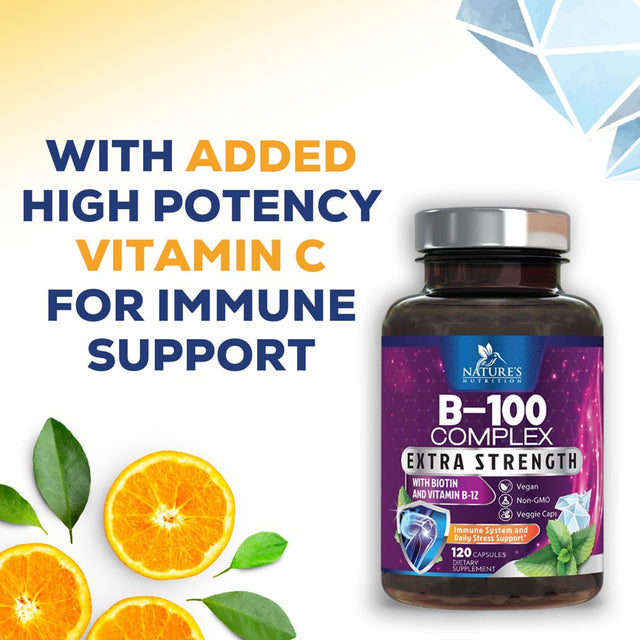 B Complex Vitamins with Vitamin C & Folic Acid - Dietary Supplement for Energy, Immune, & Brain Support - Nature'S Super B Vitamin Complex for Women and Men, Made with Folate - 120 Vegetarian Capsules