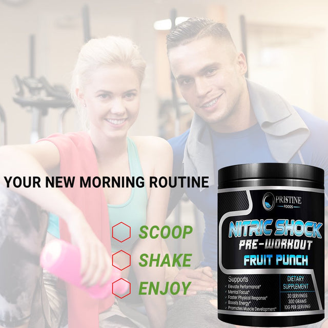 Nitric Shock Pre-Workout Powder - Nitric Oxide Booster Supplement, Promotes Muscle Growth, Tissue Repair, Endurance & Energy Booster - 300 Grams, by Pristine Foods