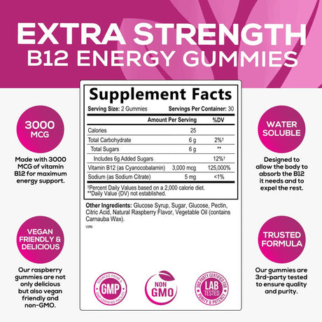 Vitamin B12 Gummies 3000 Mcg, High Absorption Vitamin B-12 Energy & Immune System Support Gummy Vitamins, Vegan Gummy, Natural Energy Support, Raspberry Flavor, for Adults and Kids - 60 Gummies