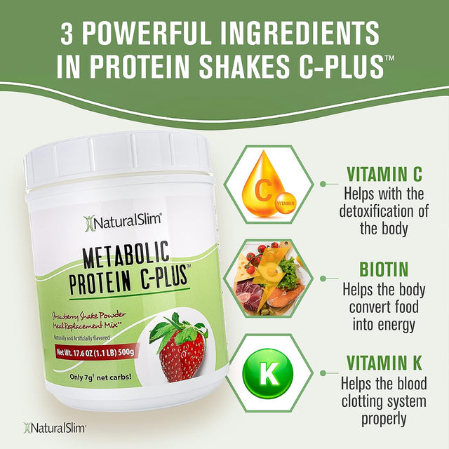 Naturalslim Strawberry Metabolic C-Plus Meal Replacement Protein Powder - Low Carb Protein Shake with Immune Support Fortified with Vitamin C, Zinc & Amino Acid - 10 Servings 17.6 Oz