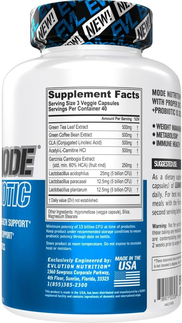 Evlution Nutrition Leanmode + Probiotic, Advanced Probiotic Capsule Supplement, 15 Billion Cfus per Serving, Digestive Support & Gut Health (40 Servings)