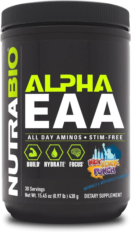 Nutrabio Alpha EAA Hydration and Recovery Supplement - Full Spectrum EAA BCAA Matrix with Electrolytes, Nootropics, Coconut Water - Recovery, Energy, Focus, and Hydration Supplement - New York Punch