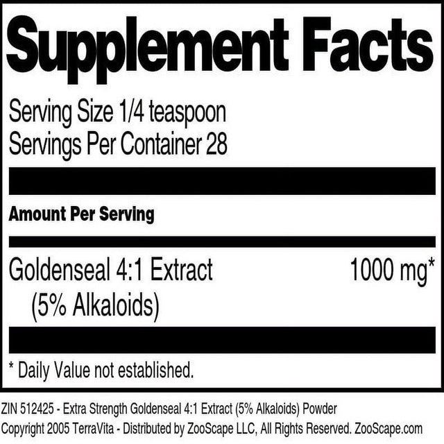 Terravita Extra Strength Goldenseal 4:1 Extract (5% Alkaloids) Powder, (1 Oz, 1-Pack, Zin: 512425)