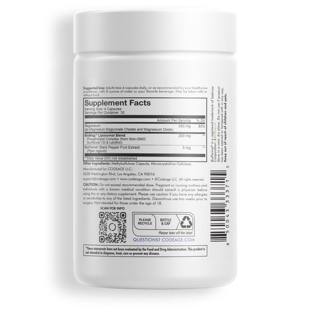 Codeage Liposomal Magnesium Bisglycinate Chelate Mineral Supplement, Phospholipids, 120 Ct