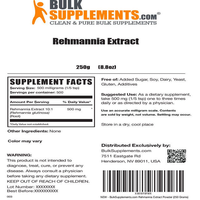 Bulksupplements.Com Rehmannia Root Extract Powder - Kidney Support - Anti-Inflammatory Supplements - Purge Supplements - Renal Vitamins (250 Grams - 8.8 Oz)