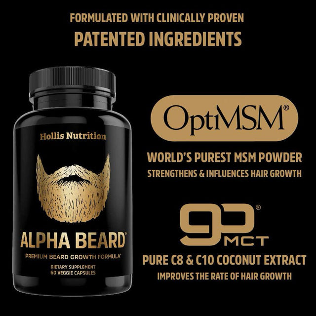 ALPHA BEARD Growth Vitamins | Biotin 10,000Mcg, Patented Optimsm, Gomct, Collagen | Beard and Hair Growth Supplement for Men | Grow Stronger, Thicker, Healthier Facial Hair - 60 Capsules