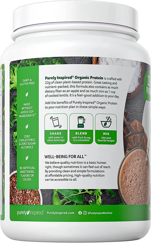 Purely Inspired Organic Protein Shake Powder, 100% Plant Based with Pea & Brown Rice Protein (Non-Gmo, Gluten Free, Vegan Friendly), Decadent Chocolate, 1.35 Lbs