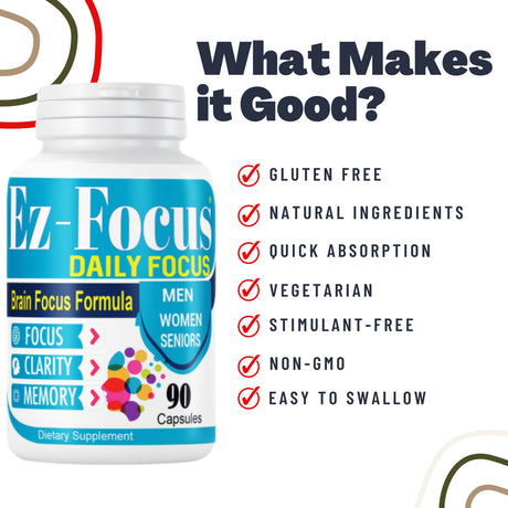 Ez-Focus Brain Supplements for Memory and Focus, Support Brain Health, Brain Focus Memory Supplements for Seniors & Adults, Brain Booster Vitamins and Supplements 90Ct Capsules