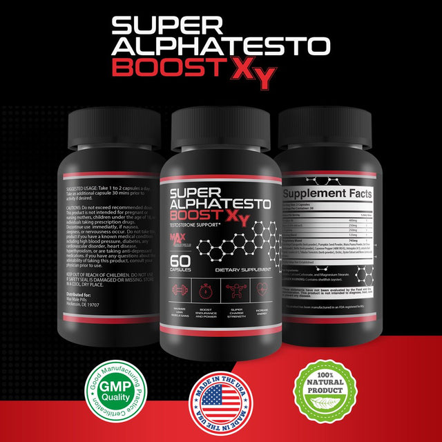 Super Alphatesto Boost X Y - Natural Testosterone Support - Herbal Blend Testosterone Booster to Improve Muscle Growth - Feel Youth, Power, Energy, and Drive - 60 Capsules