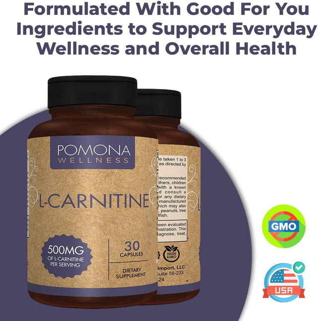 Pomona Wellness L- Carnitine, Helps Boost Metabolism, Supports Cognitive Health Cardiovascular Functions and Metabolic Health, 500Mg per Serving, Non-Gmo, 30 Capsules