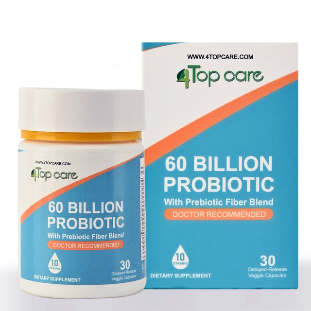 4 TOP CARE Probiotics 60 Billion CFU, 10 Strains, and Organic Prebiotics. Fostering Digestive and Gut Health, Easing Occasional Constipation, Diarrhea, Gas, and Bloating for Both Women and Men – 30Ct