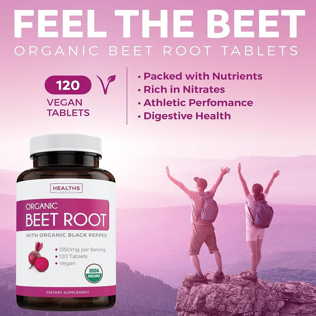 Healths Harmony Organic Beet Root Powder (120 Tablets) 1350Mg Beets per Serving with Black Pepper for Extra Absorption - Nitrate Supplement for Circulation, Heart Health - No Capsules